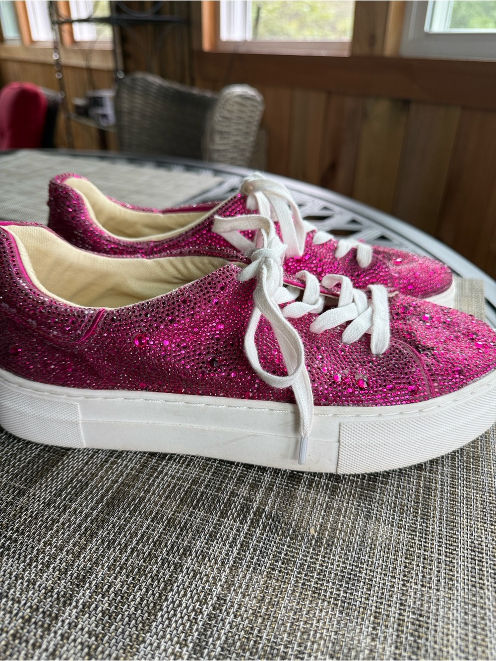 Betsey Johnson Sidny fuchsia Rhinestone/ crystal embellished Lace-Up Sneakers